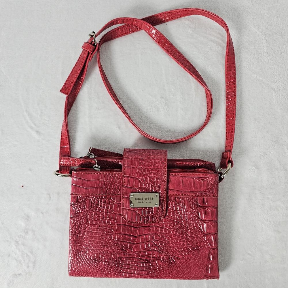 Nine West Red Mock Croc Faux Leather Crossbody Bag Purse Adjustable Strap
